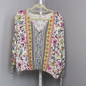Lovestitch Boho Floral Peasant Blouse Colorful Stripe Tie Sleeve Size L